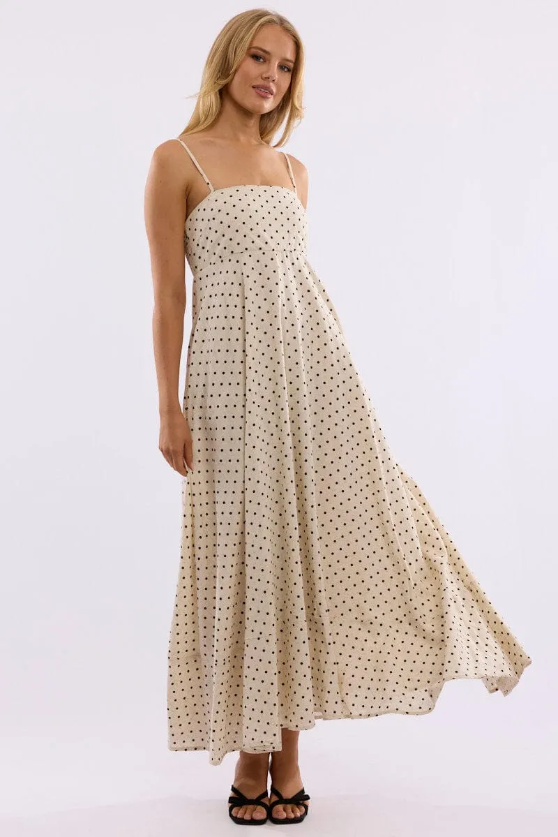 Cotton Glow Beige Polka Dot Maxi Dress Strappy