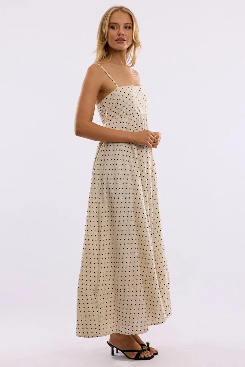 Beige Polka Dot Maxi Dress Strappy Spring Bloom Fashion-forward long piece