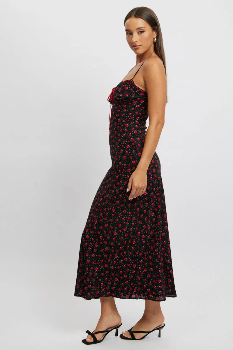 Sun shield Topaz Glow Black Ditsy Maxi Dress Lace Satin Tape