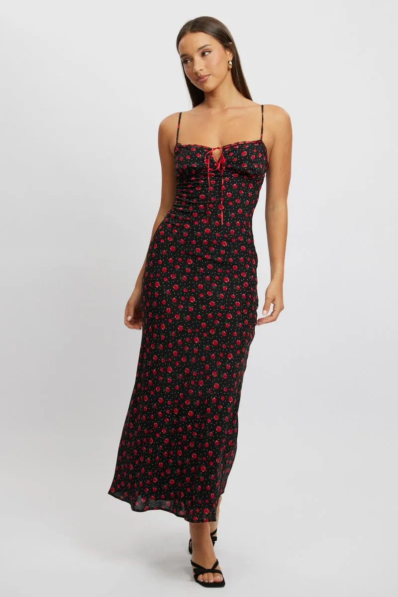 Black Ditsy Maxi Dress Lace Satin Tape Gorgeous floor-length style Red Glow