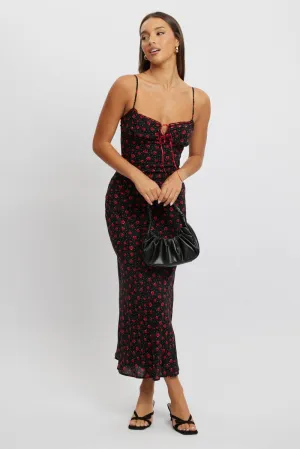 Black Ditsy Maxi Dress Lace Satin Tape Golden Dune Snow Field