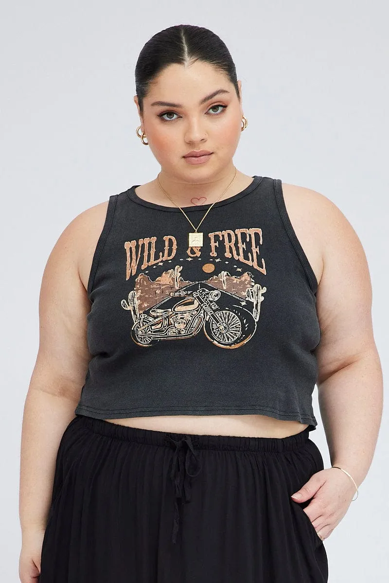 Relaxed Look Lint Resistant Surface Black Graphic Tank Top Crew Neck