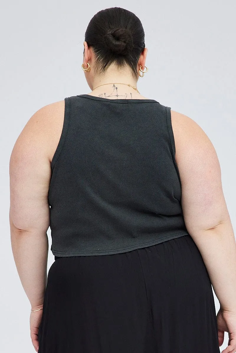Black Graphic Tank Top Crew Neck Layered Neckline Slim Fit Design