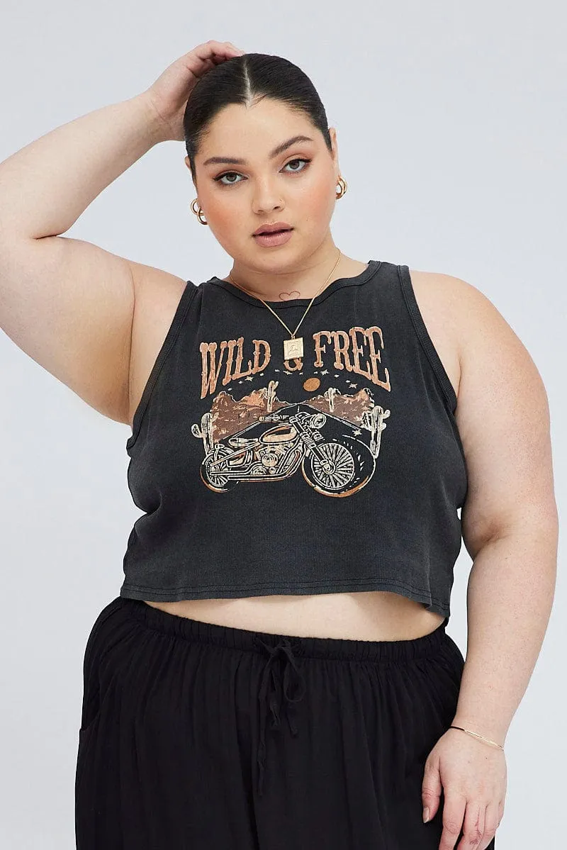 Versatile Apparel Black Graphic Tank Top Crew Neck