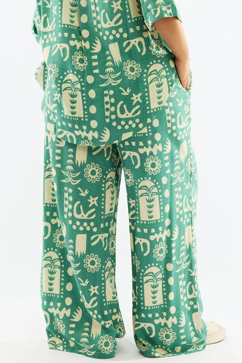 Green Abstract Wide Leg Linen Blend Drawstring Pants Flexible Material