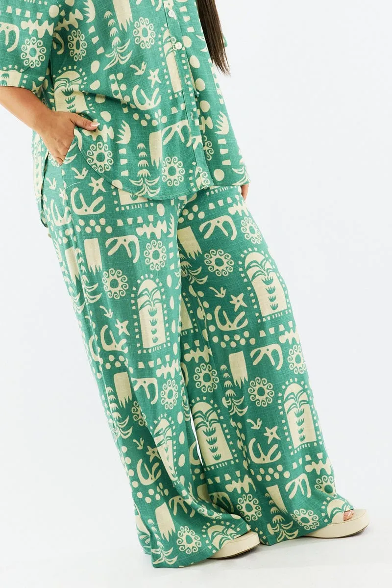 Green Abstract Wide Leg Linen Blend Drawstring Pants Adjustable drawstring