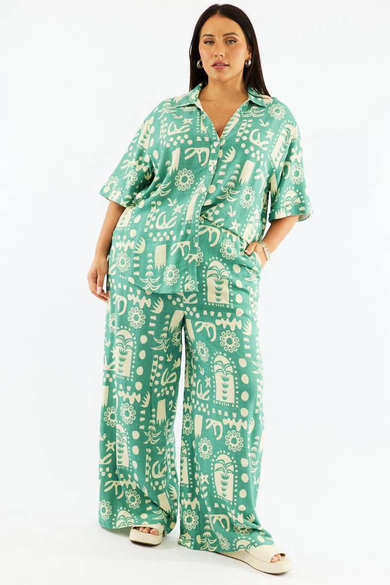 Quick Access Pockets Green Abstract Wide Leg Linen Blend Drawstring Pants