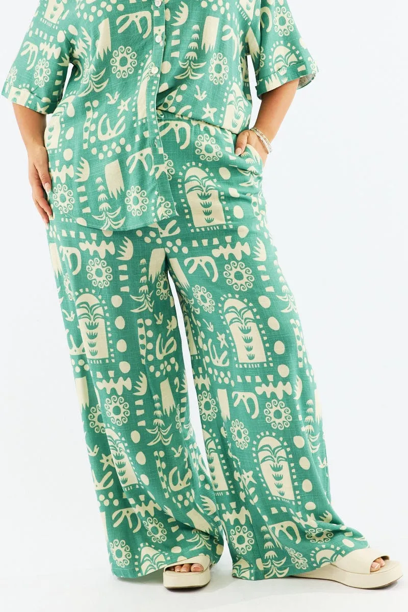 Flexible Comfort Green Abstract Wide Leg Linen Blend Drawstring Pants