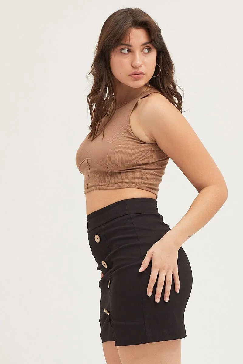Black High Waist Front Split Skirt Shirred Back