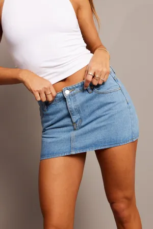 Blue Mini Skirt Mid Rise Opaque Lining button detail