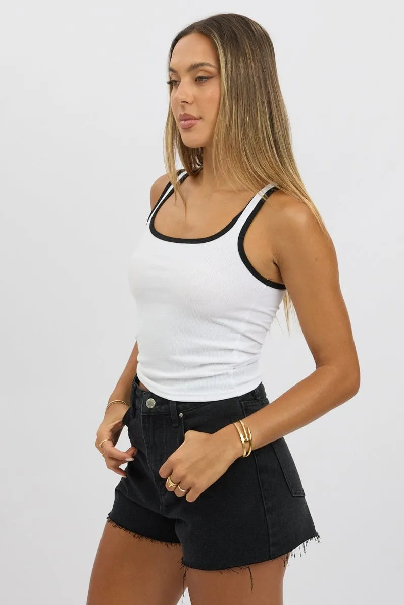 White Tank Top Sleeveless Contrast Trim Regular Fit Convertible Style
