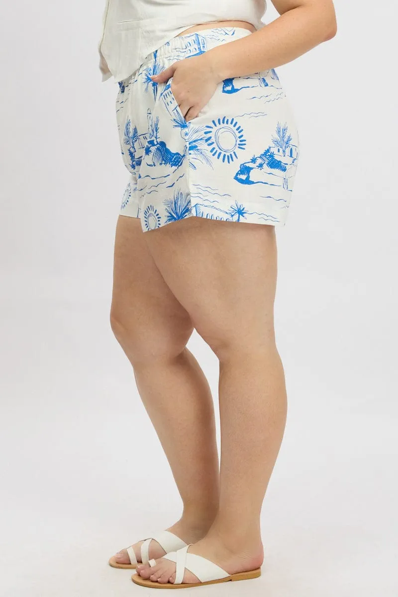 Blue Abstract Elastic Waist Linen Blend Shorts Trendy Hat