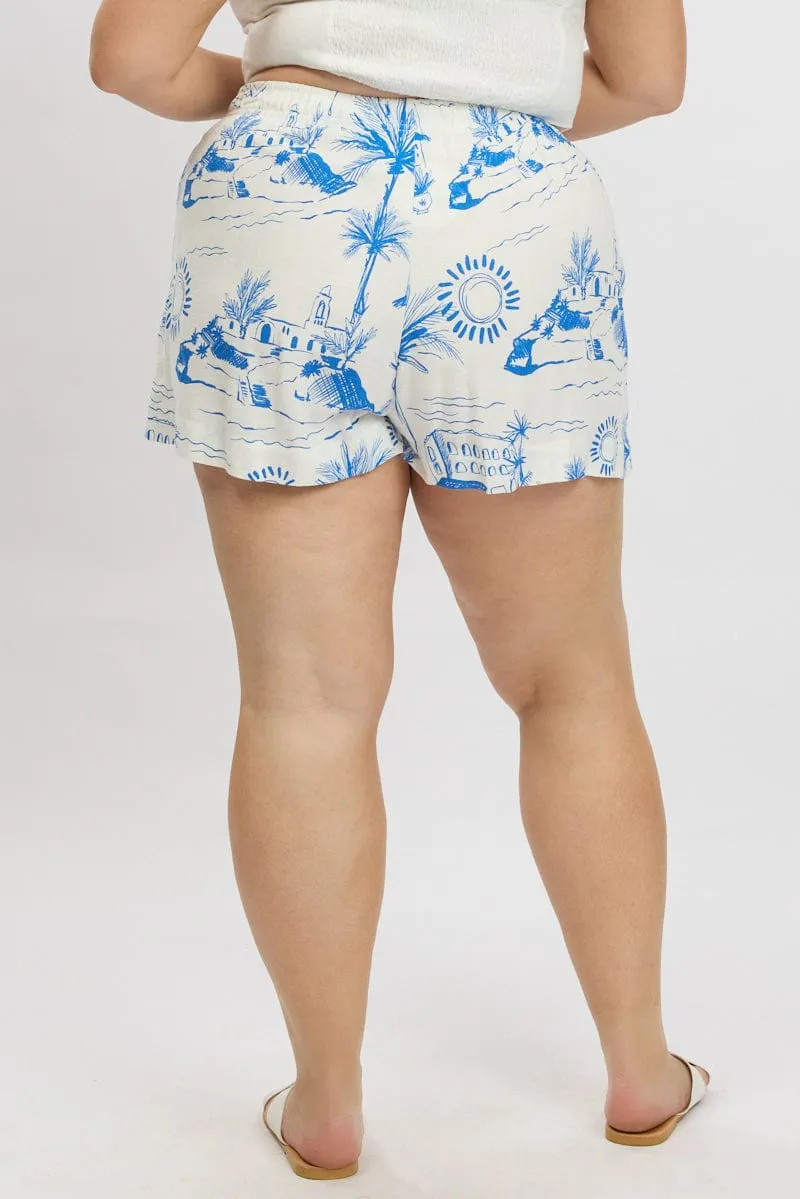 Blue Abstract Elastic Waist Linen Blend Shorts CrossBackStructure