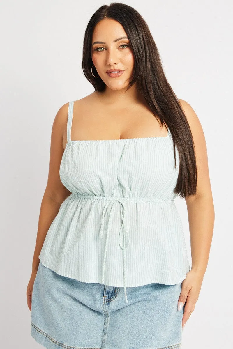 Green Stripe Cami Top Sleeveless Stripe Front Tie Eco Core