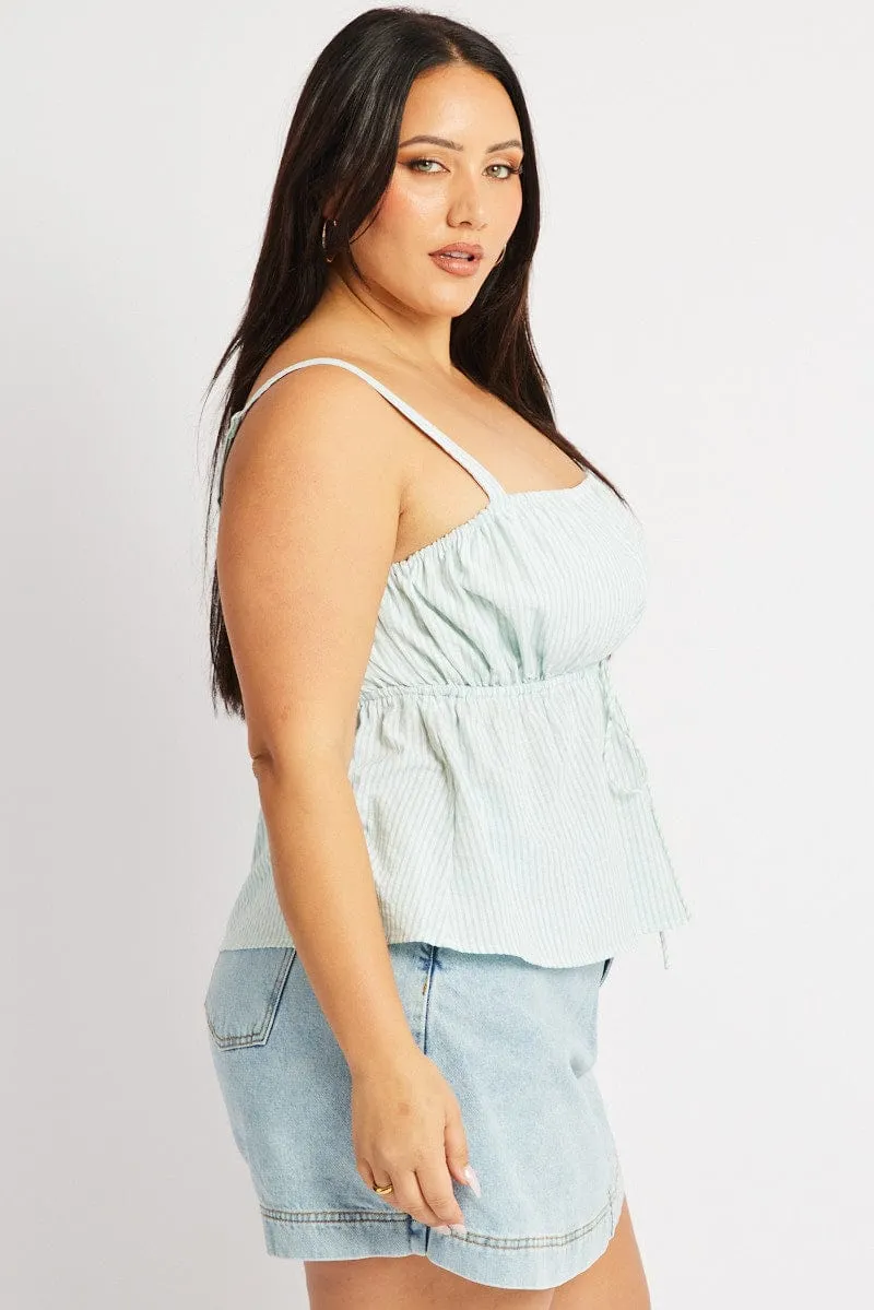 Green Stripe Cami Top Sleeveless Stripe Front Tie Professional Style