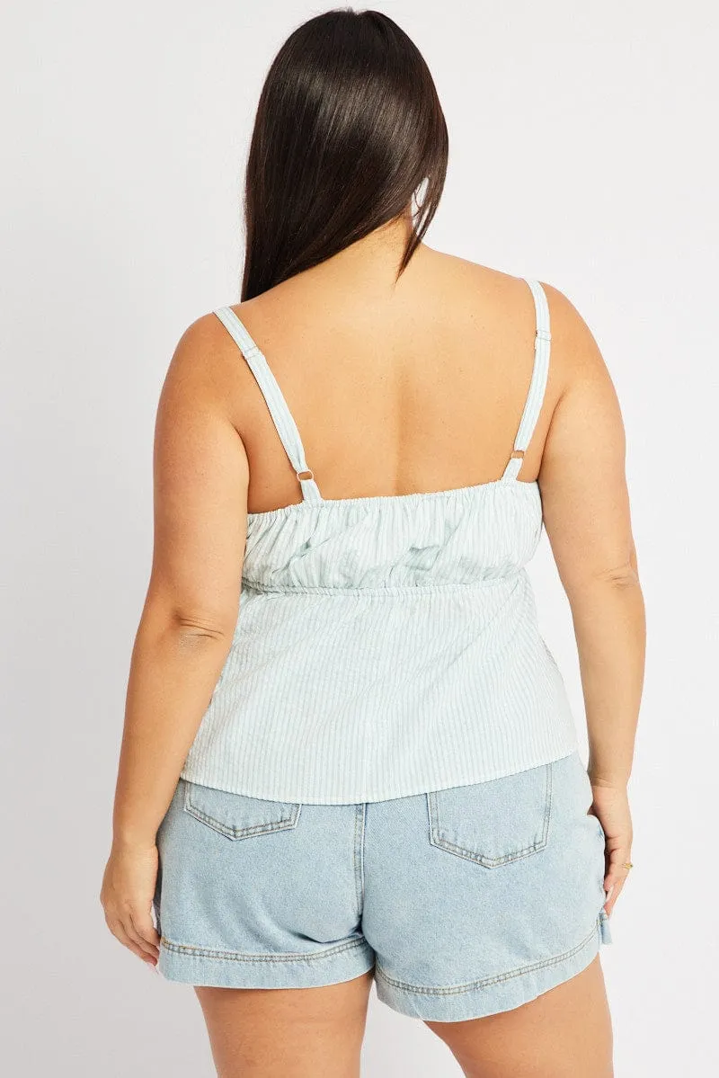 Casual Wear Green Stripe Cami Top Sleeveless Stripe Front Tie