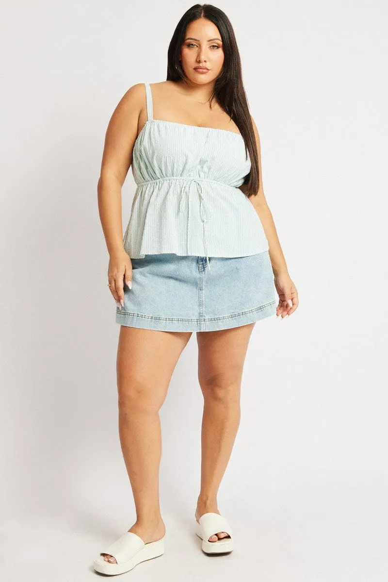 Green Stripe Cami Top Sleeveless Stripe Front Tie Repair Fit