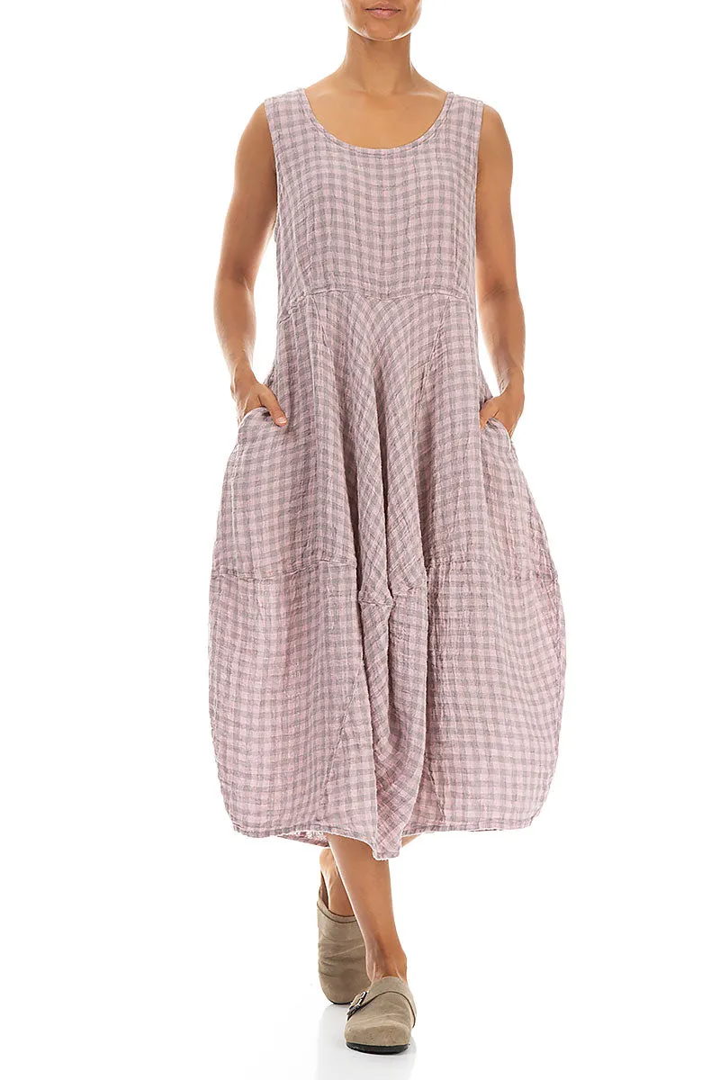 All weather StainResistant Fabric Sleeveless Balloon Pink Check Linen Dress