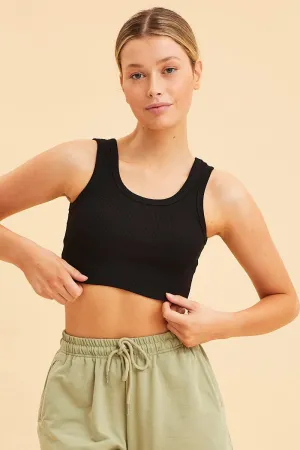 Black Cropped Tank Cotton Blend Rib Racer Back Soft Motion Active Fit