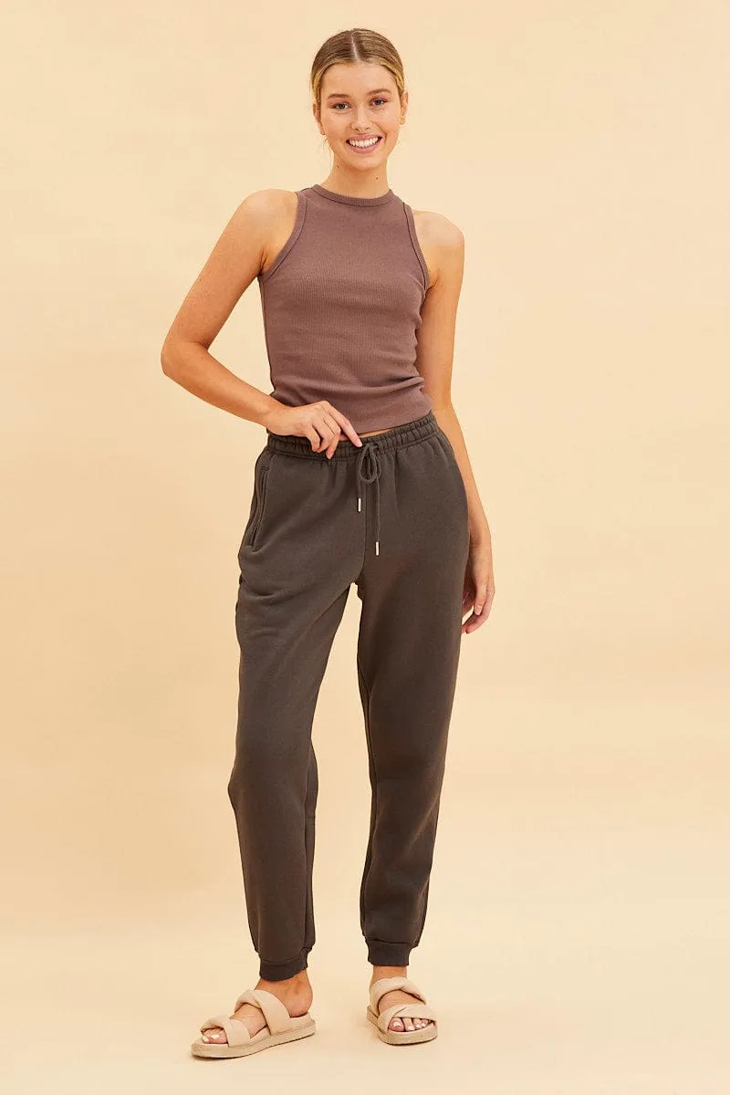 Travel Outfit WaterRepellent Coating Brown Racer Tank Cotton Blend Rib High Neck Racer Back