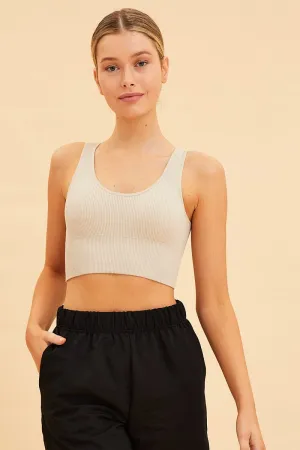 Beige Bone Seamless Tank Top Scoop Neck Rib Crop UVProtective Coating Lake Glow