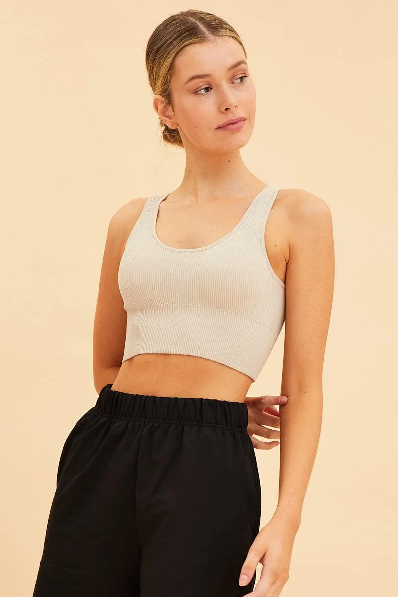 Beige Bone Seamless Tank Top Scoop Neck Rib Crop CompactPackability HypoallergenicTextile