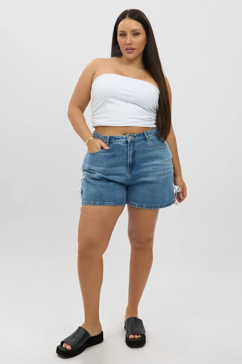 Denim Relaxed Shorts High Rise Side Ribbon Detail ErgonomicCut smooth zipper