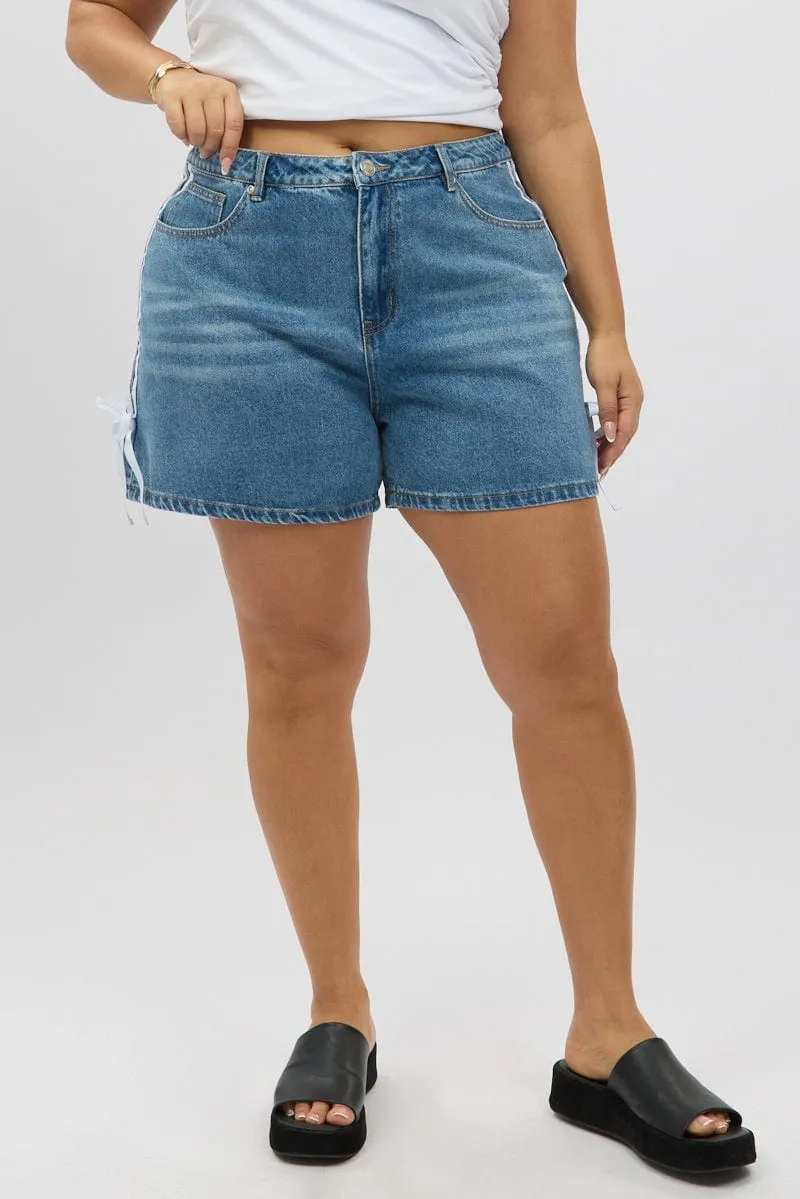 FlexibleNeckline Trendy Cut Denim Relaxed Shorts High Rise Side Ribbon Detail
