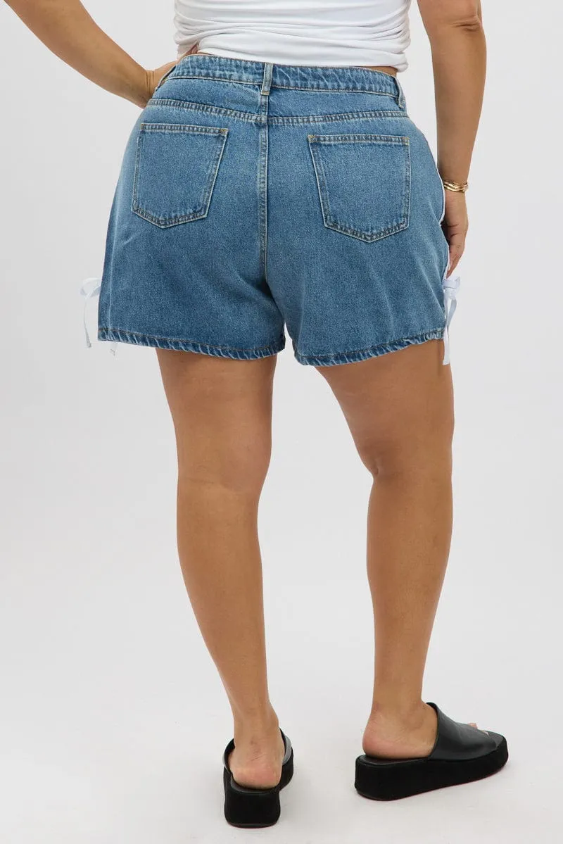 Stylish Protection Denim Relaxed Shorts High Rise Side Ribbon Detail