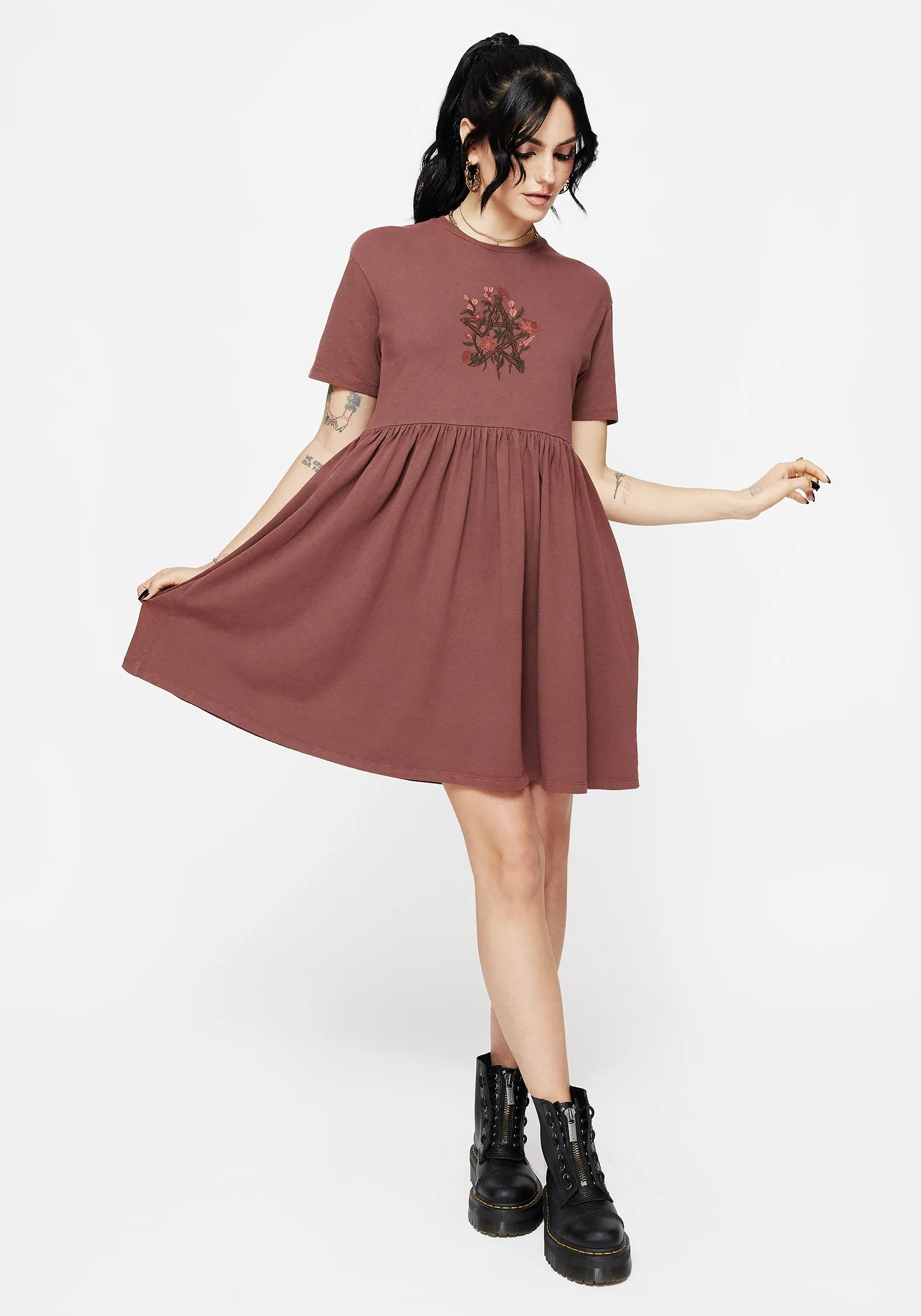 Aster Cotton Pentagram Embroidered Mini Skater Dress Dressy Cool Summer-ready mini dress
