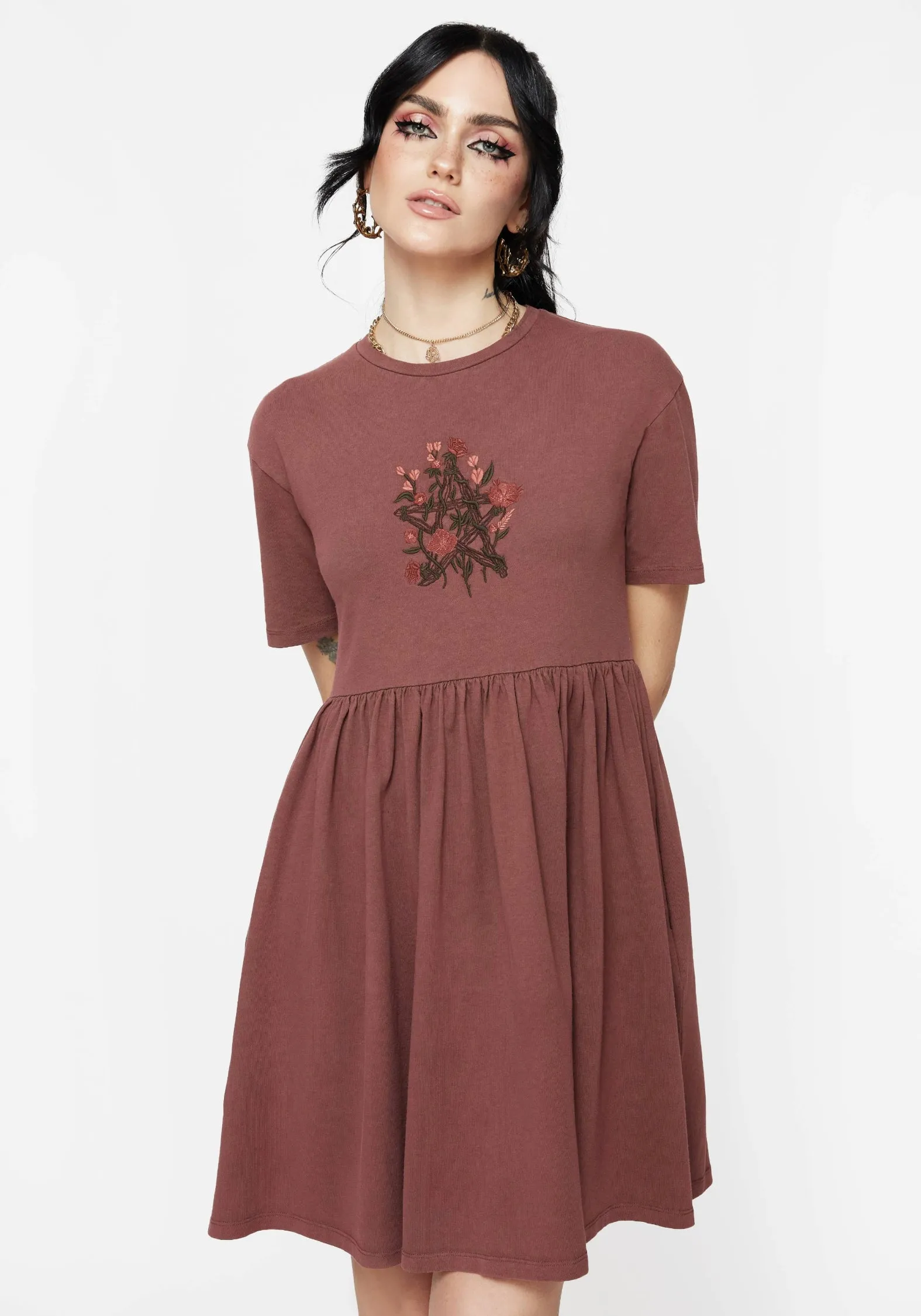 Hot Warm Aster Cotton Pentagram Embroidered Mini Skater Dress