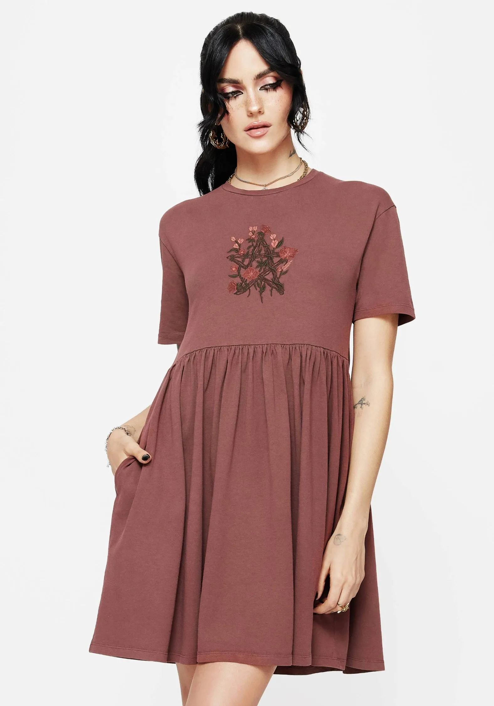 Wrinkle resistant fabric Aster Cotton Pentagram Embroidered Mini Skater Dress