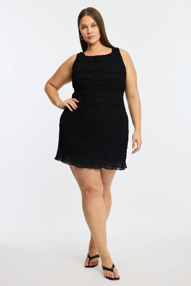Black Textured Mini Dress Sleeveless Model Off Fun statement mini