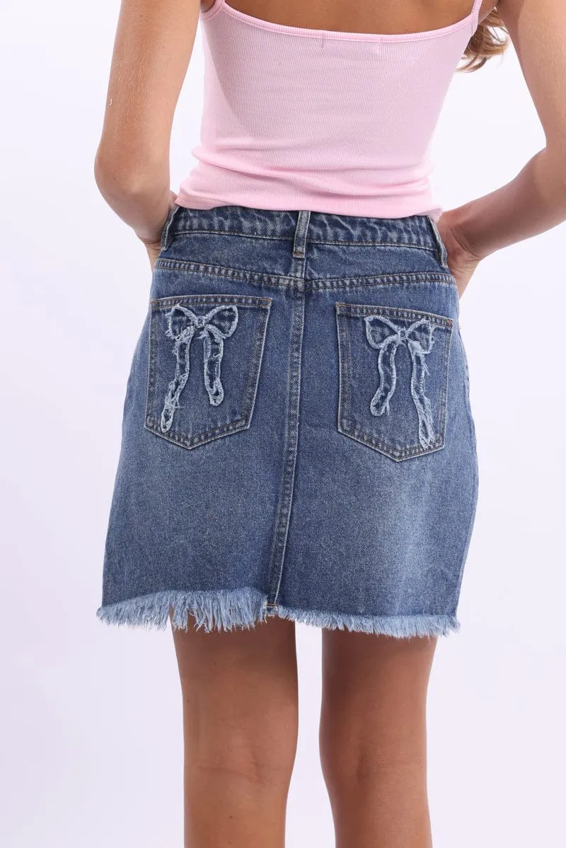 light feel Denim Mini Skirt Mid Rise Relaxed Fit Bow Pocket Detail