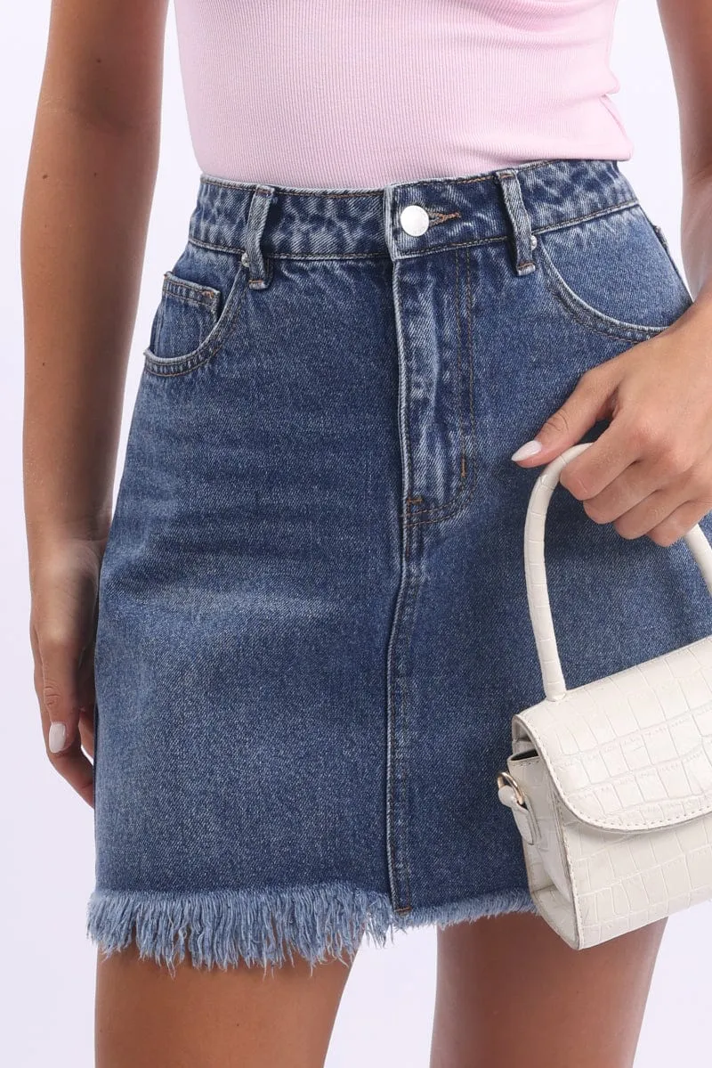 Denim Mini Skirt Mid Rise Relaxed Fit Bow Pocket Detail Reinforced Hems Sequined Finish