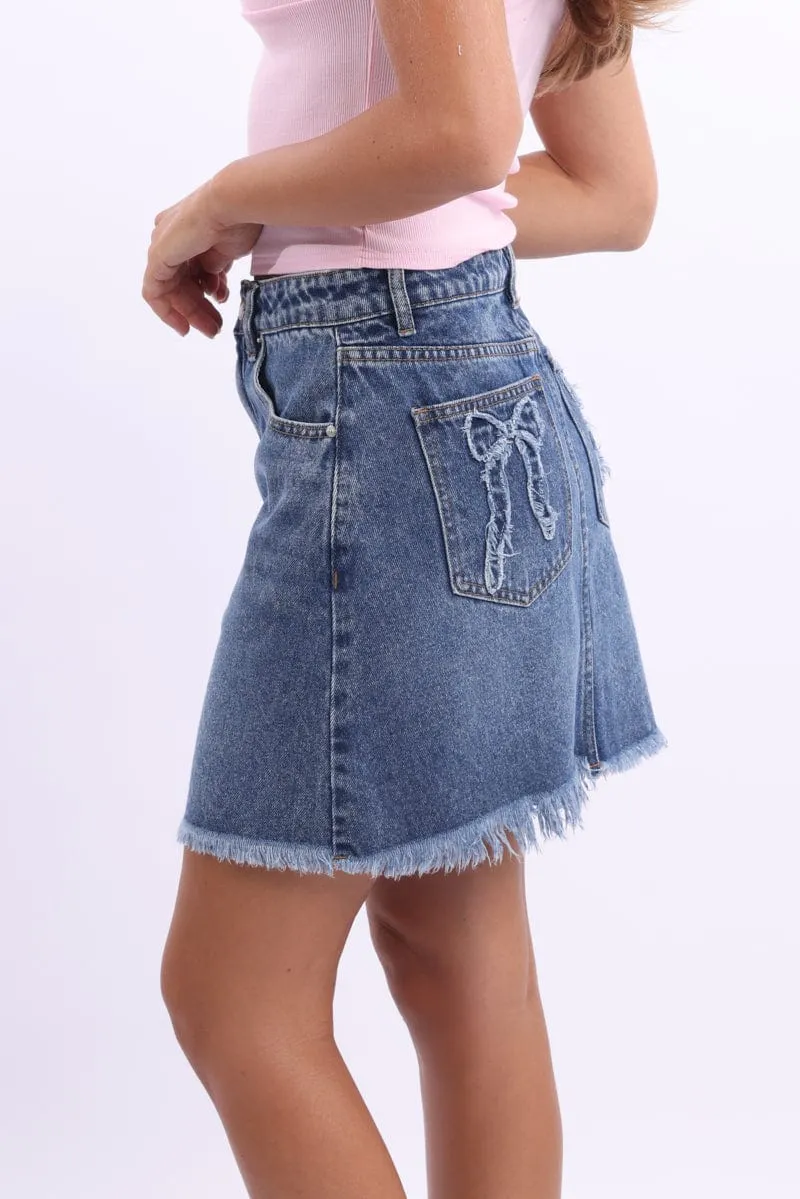 ruffle trim Thermoregulating Fabric Denim Mini Skirt Mid Rise Relaxed Fit Bow Pocket Detail