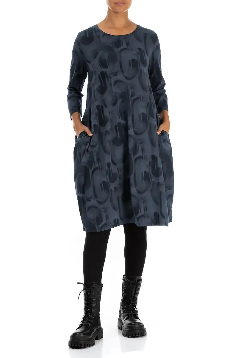 Reinforced Hem Balloon Slate Blue Paintwave Cotton Dress
