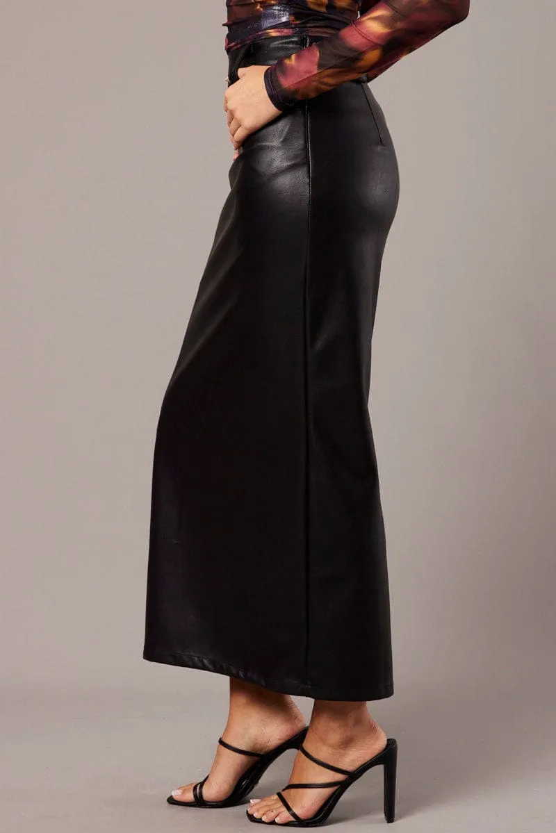 Subtle Shimmer Evening Outing Black Midi Skirt Faux Leather