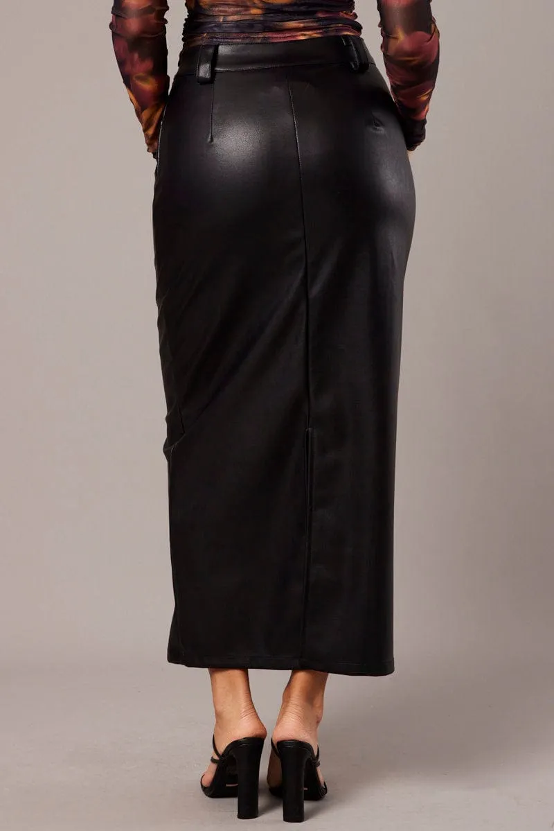 Black Midi Skirt Faux Leather Cashmere Touch