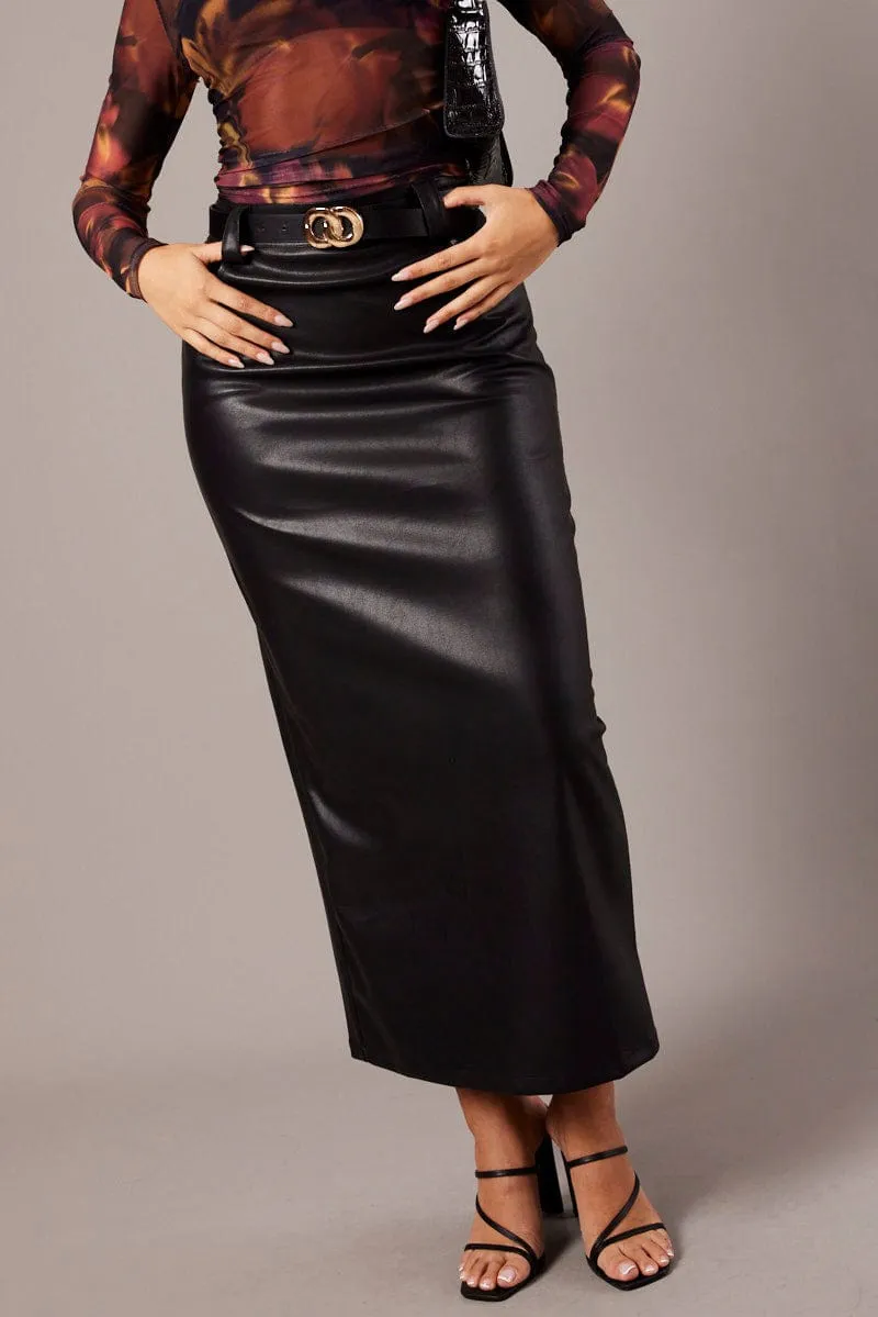 Black Midi Skirt Faux Leather Casual Edge