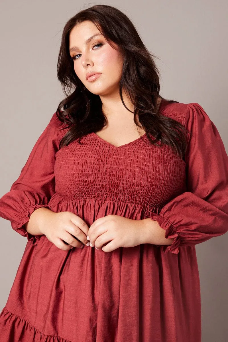 Brown V-neck Shirred Long Sleeve Mini Dress Hidden Pocket Design Smart Casual