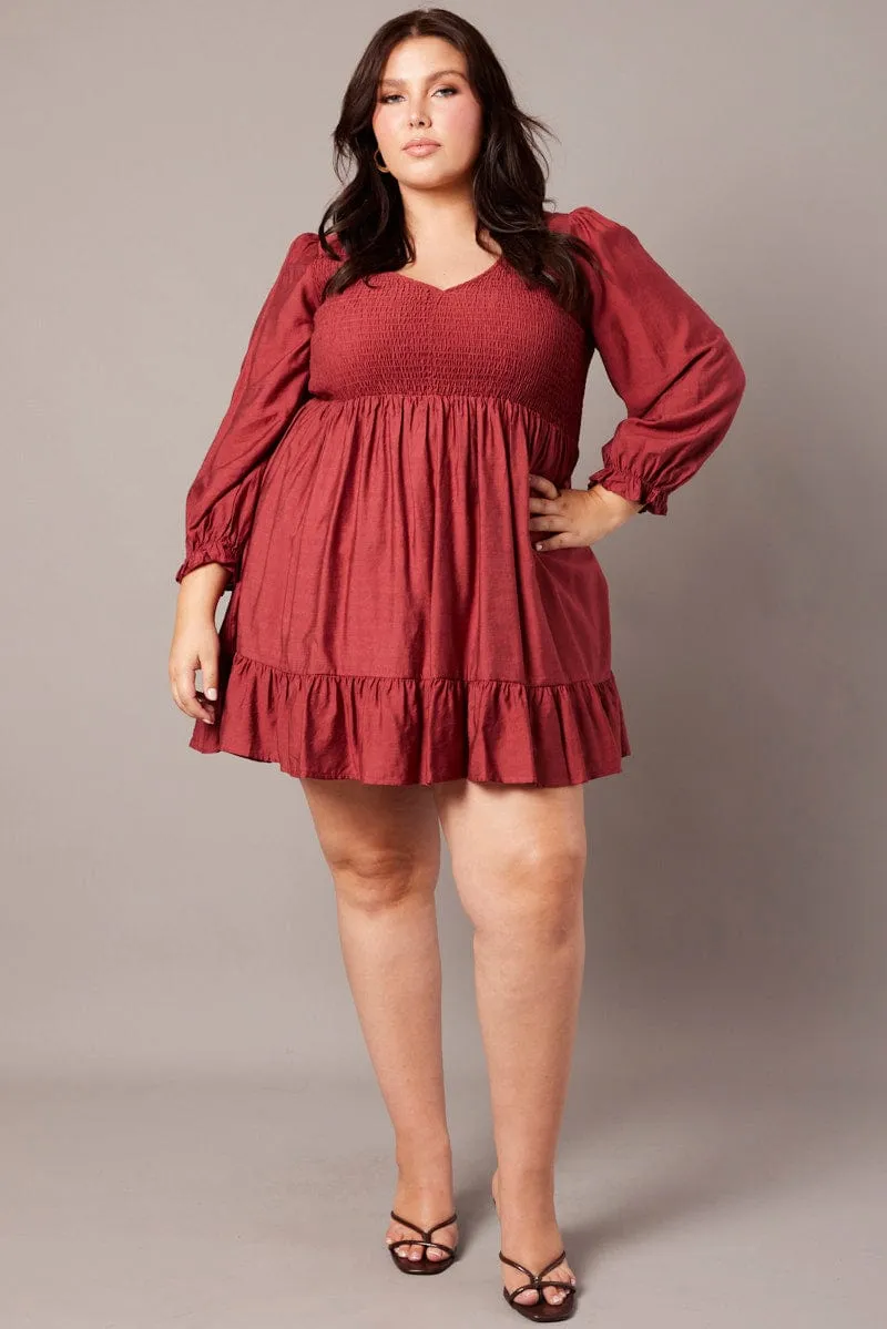 Flexible Edge Binding Flash Glow Brown V-neck Shirred Long Sleeve Mini Dress