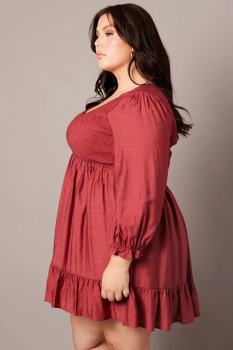 Wide Range Motion Angle Look Brown V-neck Shirred Long Sleeve Mini Dress
