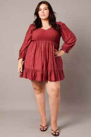 Flexible Edge Binding Flash Glow Brown V-neck Shirred Long Sleeve Mini Dress