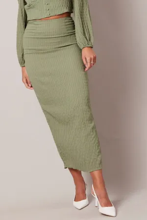 Green Midi Skirt High Rise Textured Fabric Animal Print Adjustable Hem