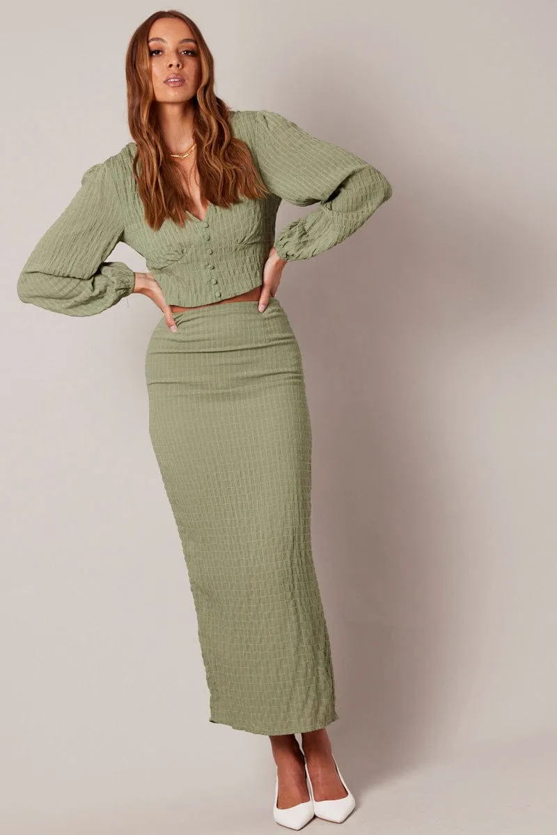 Green Midi Skirt High Rise Textured Fabric light feel Texture Shot