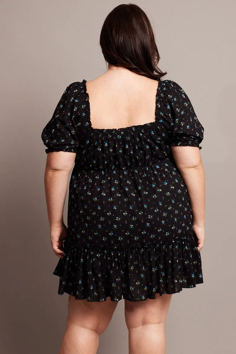 Black Ditsy Tie Front Mini Dress Playful Look