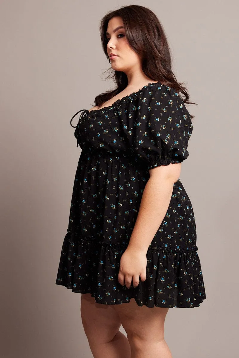 Black Ditsy Tie Front Mini Dress Built In Pockets Flexible Knit Structure