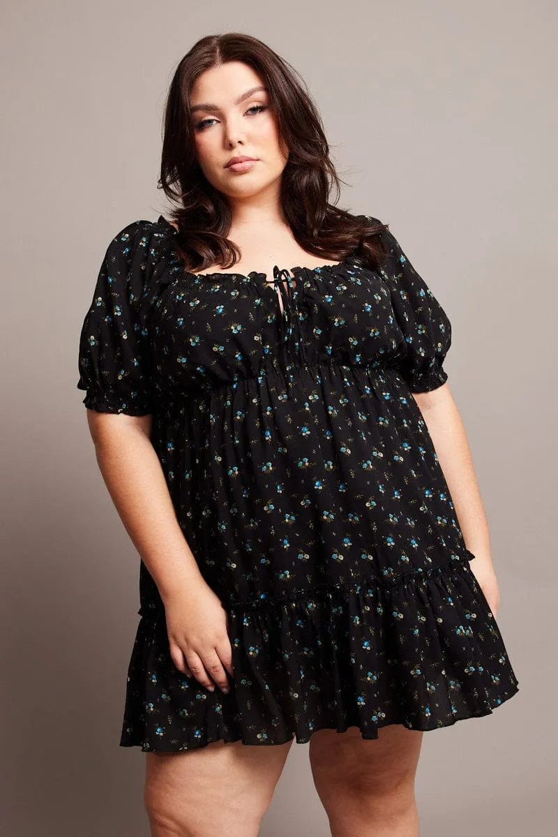 Black Ditsy Tie Front Mini Dress Elegant mini with floral prints Star Glow