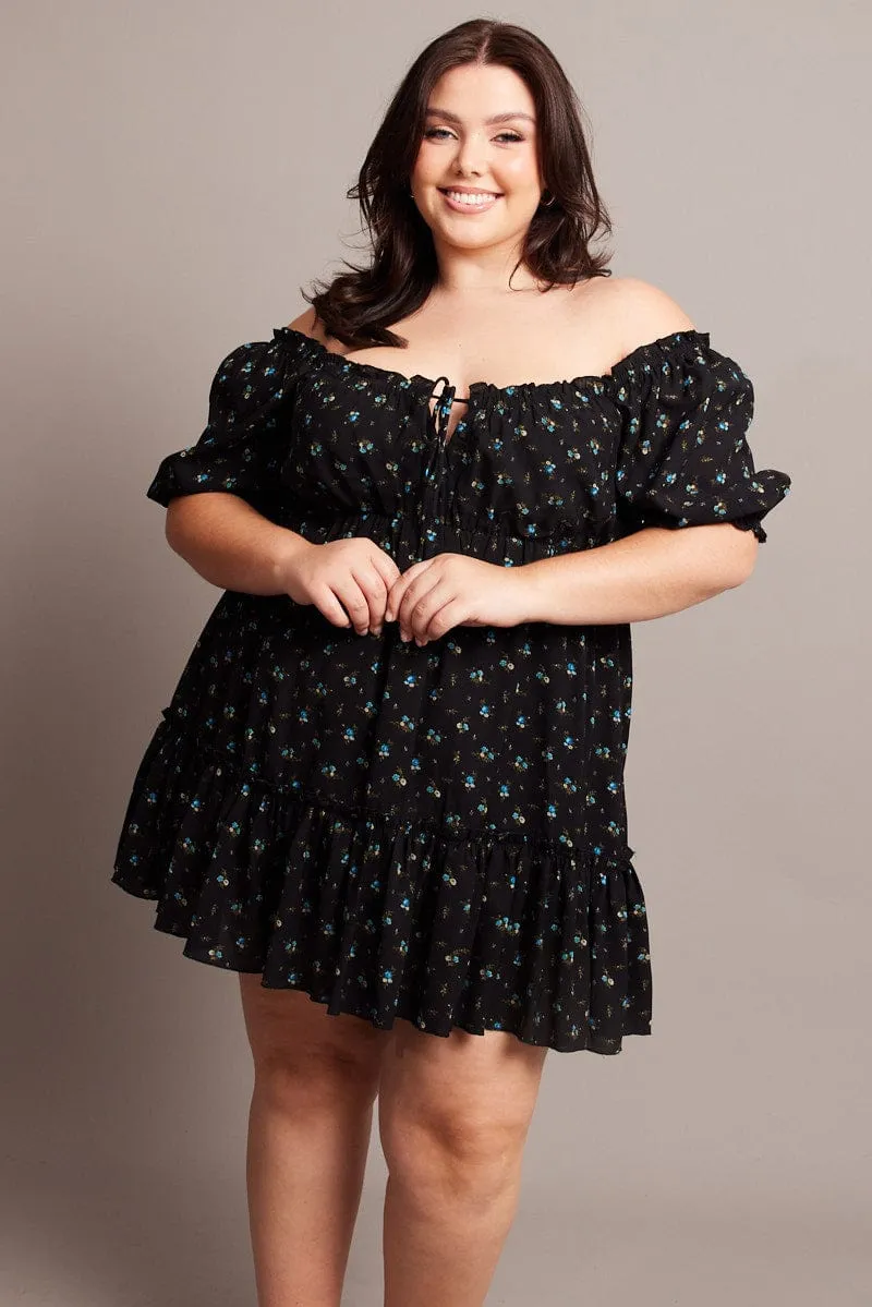 Relaxed mini for events Black Ditsy Tie Front Mini Dress
